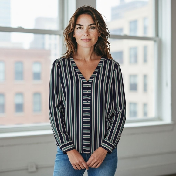 Express Blue and White Boxy Long Sleeve Blouse - Picture 1 of 7